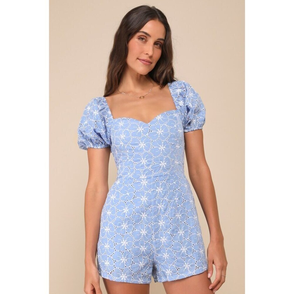 Lulus Summer Charm Blue Floral Eyelet Embroidered Puff Sleeve Romper - Size M